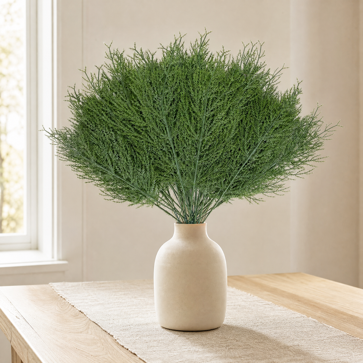 Bundle of green pine sprigs in a cream ceramic vase on an oak table with a linen runner
