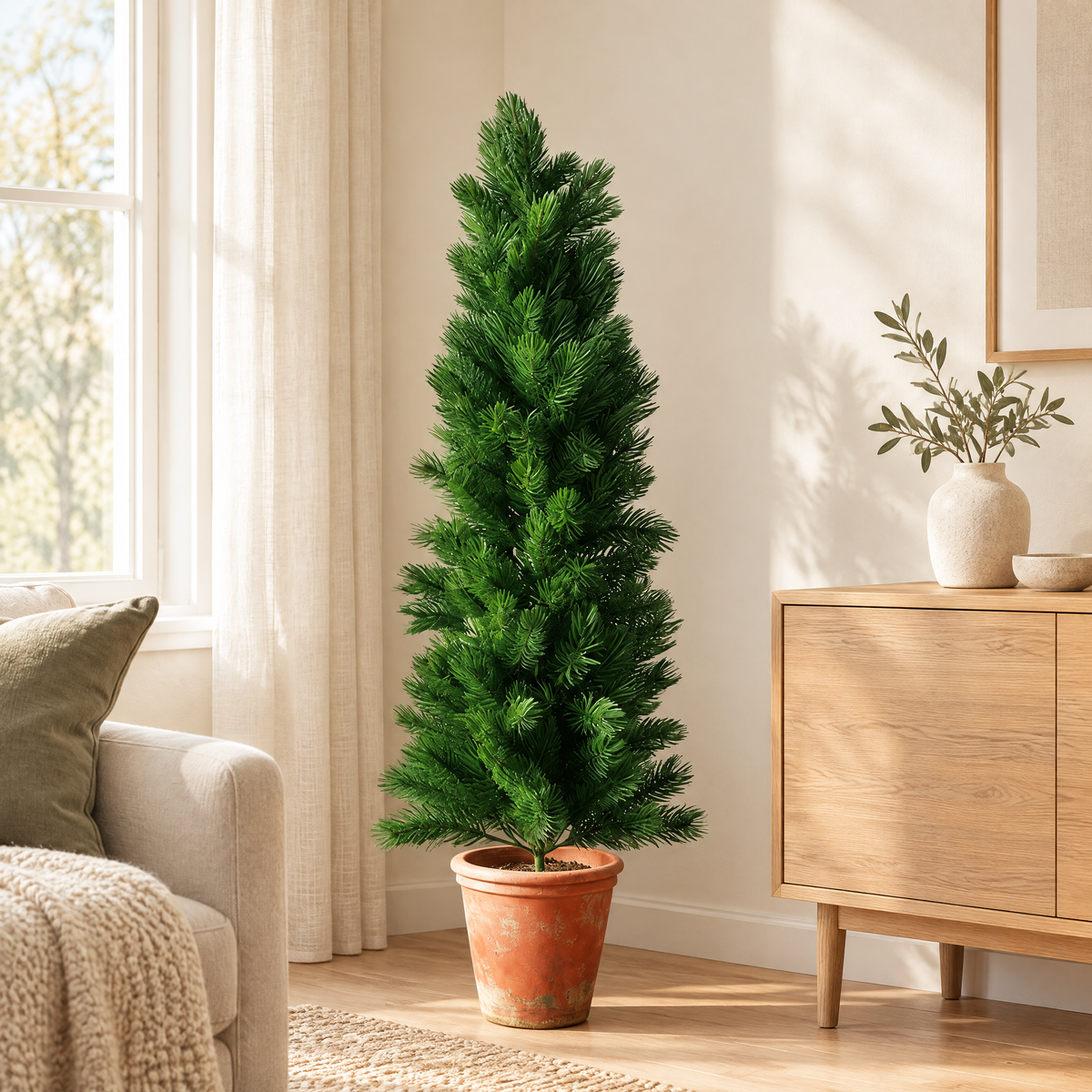 Christmas Tree Gejza – slim faux pine tree in a bright living room