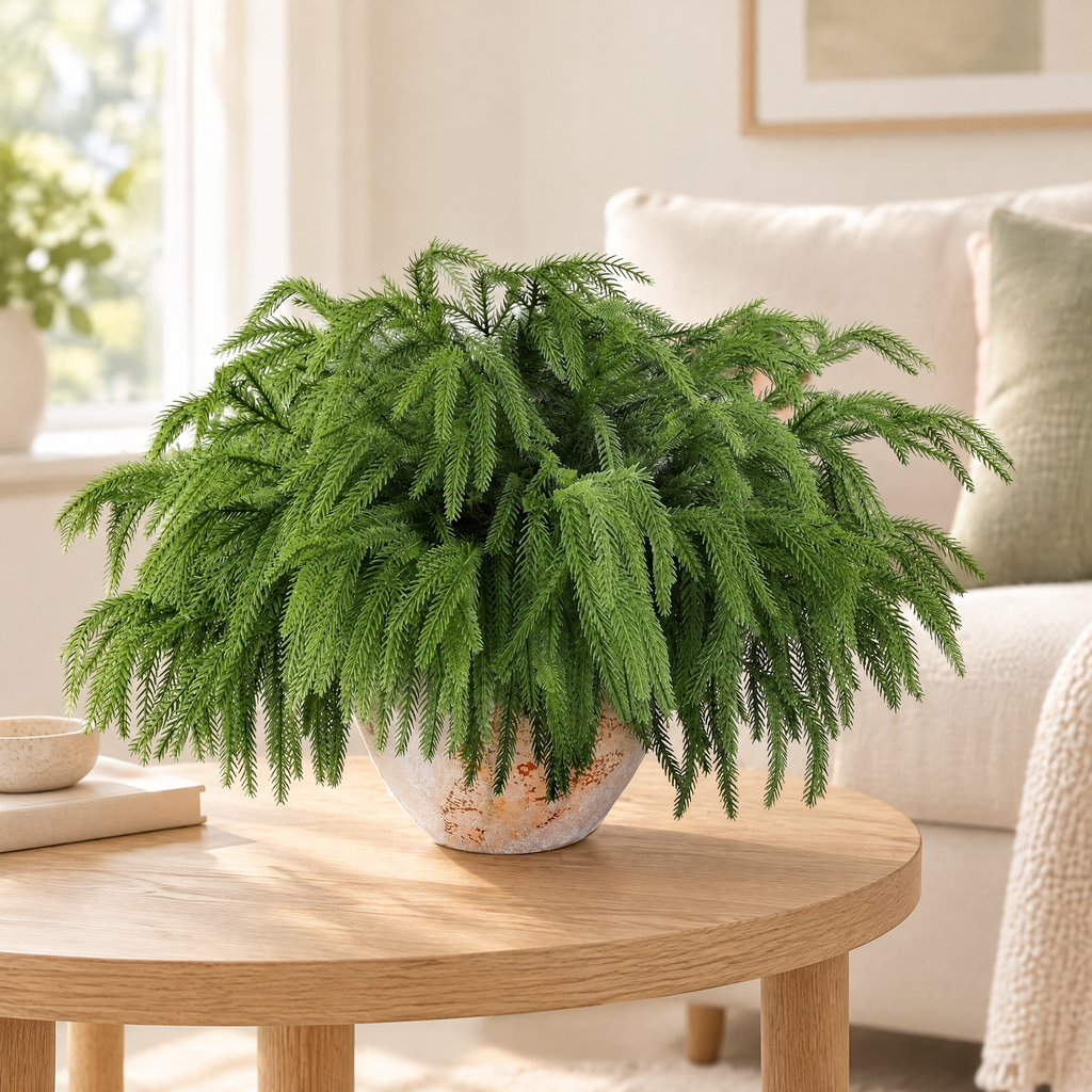 Norfolk Pine Branches Leontína – Norfolk pine branches on a oak side table in a living room