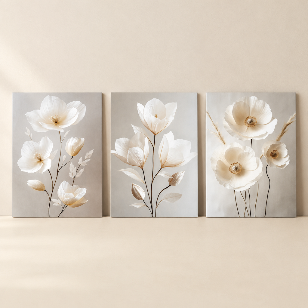 Wall Art Patrícia – set of 3 white blossom prints