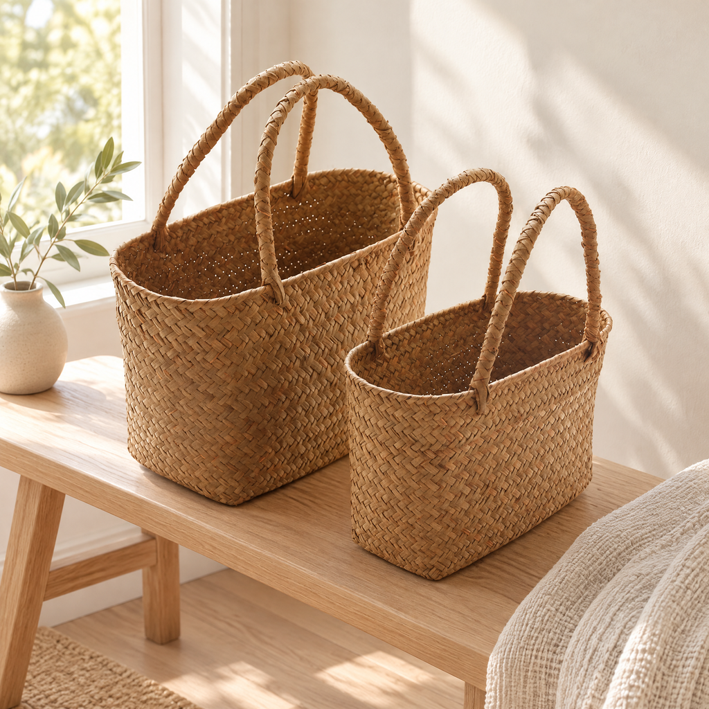 Seagrass Basket Šarlota – styled in a calm Scandinavian living space