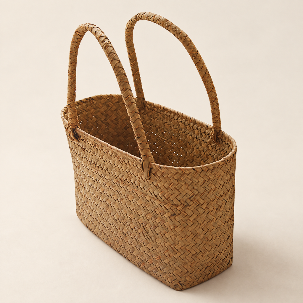 Seagrass Basket Šarlota – studio shot on a soft oat backdrop