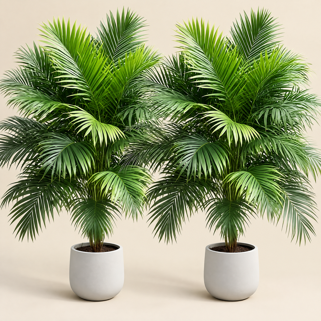 Artificial Palm Pair Alica – studio shot on a soft oat backdrop