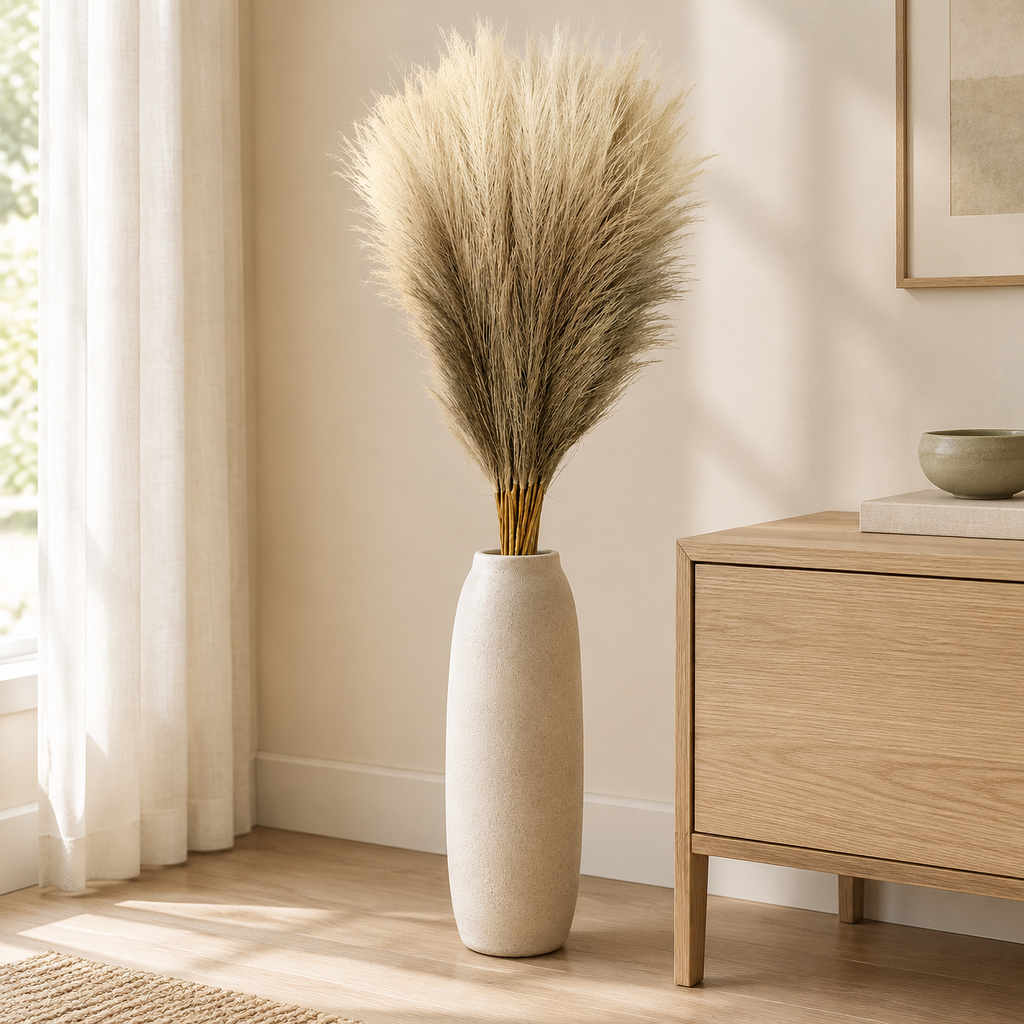 Pampas Grass Stems Vanesa – tall pampas grass in an oat-coloured floor vase