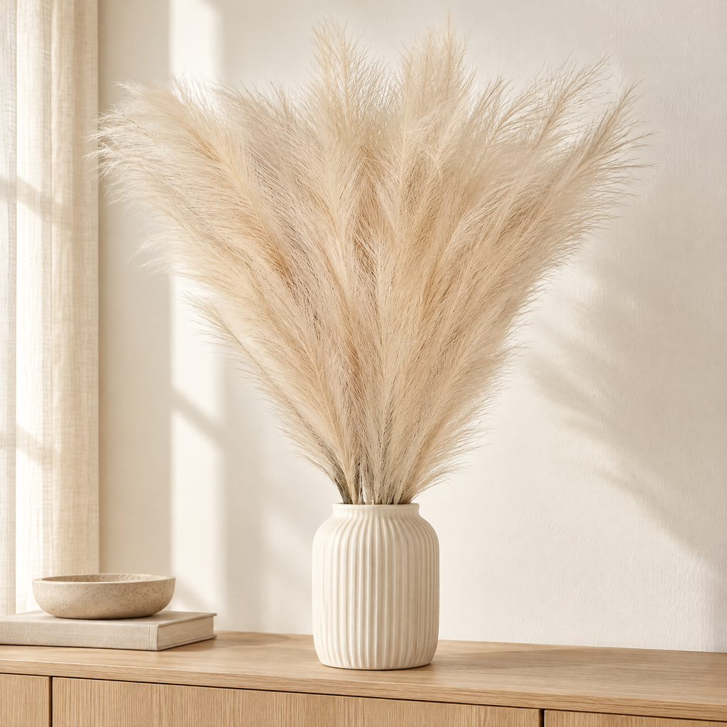 Pampas Grass Regína – in a white ribbed vase on an oak sideboard