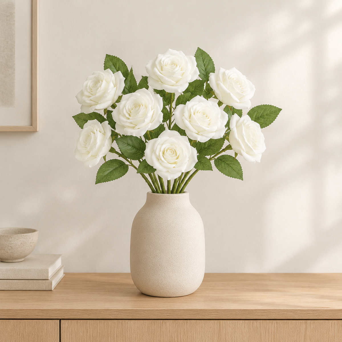 Garden Roses Malvína – bouquet in an oat ceramic vase on an oak sideboard