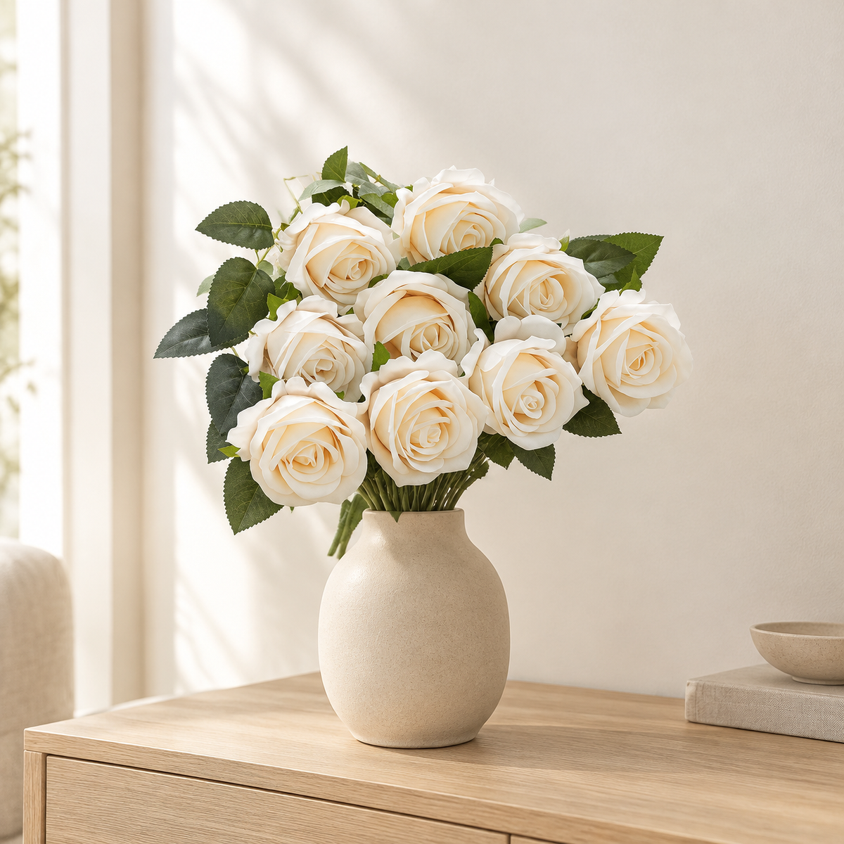Velvet Roses Magdaléna – in an oat ceramic vase on an oak sideboard