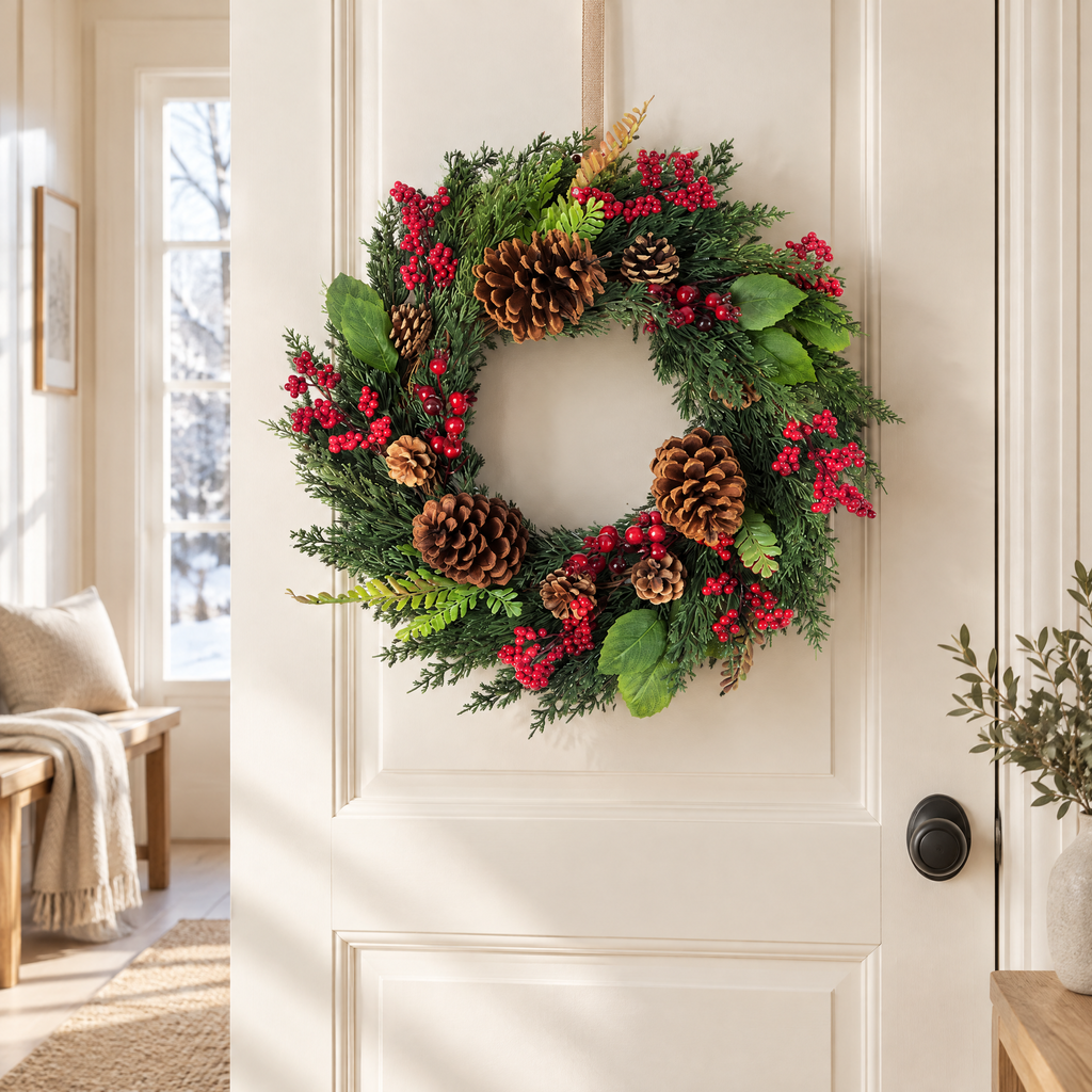 Christmas Wreath Agnesa – on a white front door in a bright hallway
