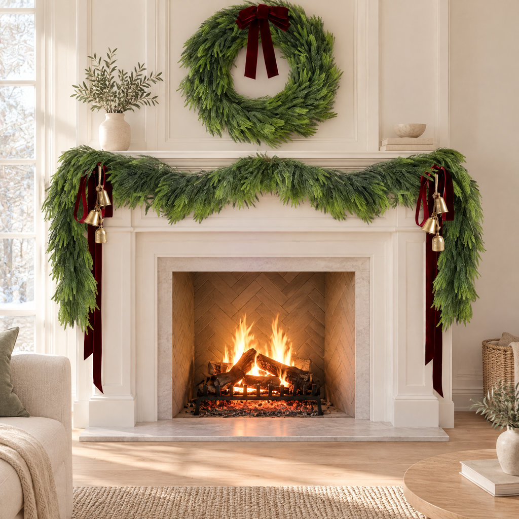Garland Juliána – on a white fireplace mantel in a bright living room