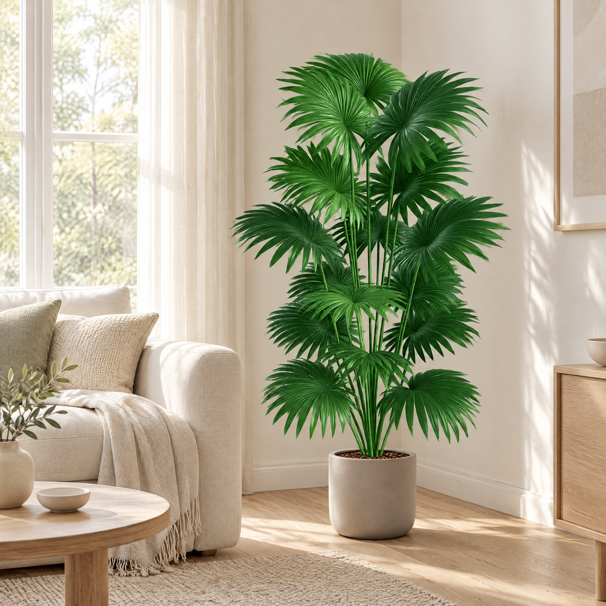 Artificial Palm Lucia in the corner of a calm living room