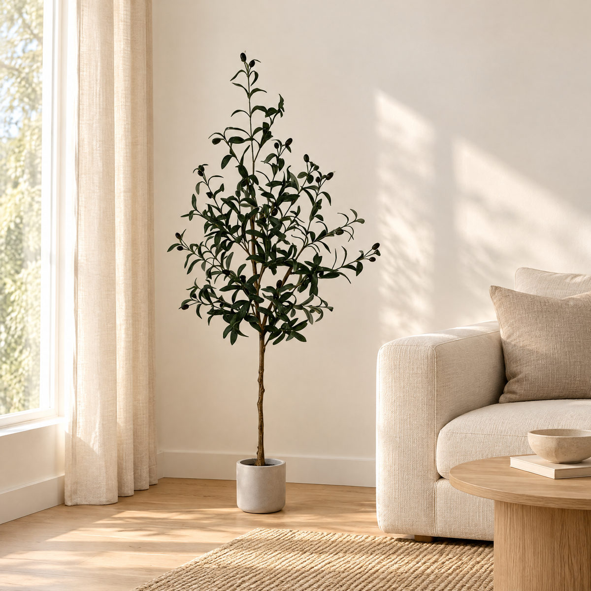 Olive Tree Gabriela next to a cream sofa in a bright living room