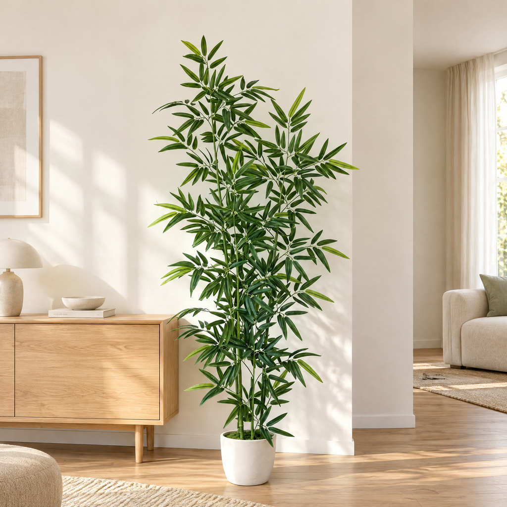Artificial Bamboo Soňa in a white pot in a bright living room