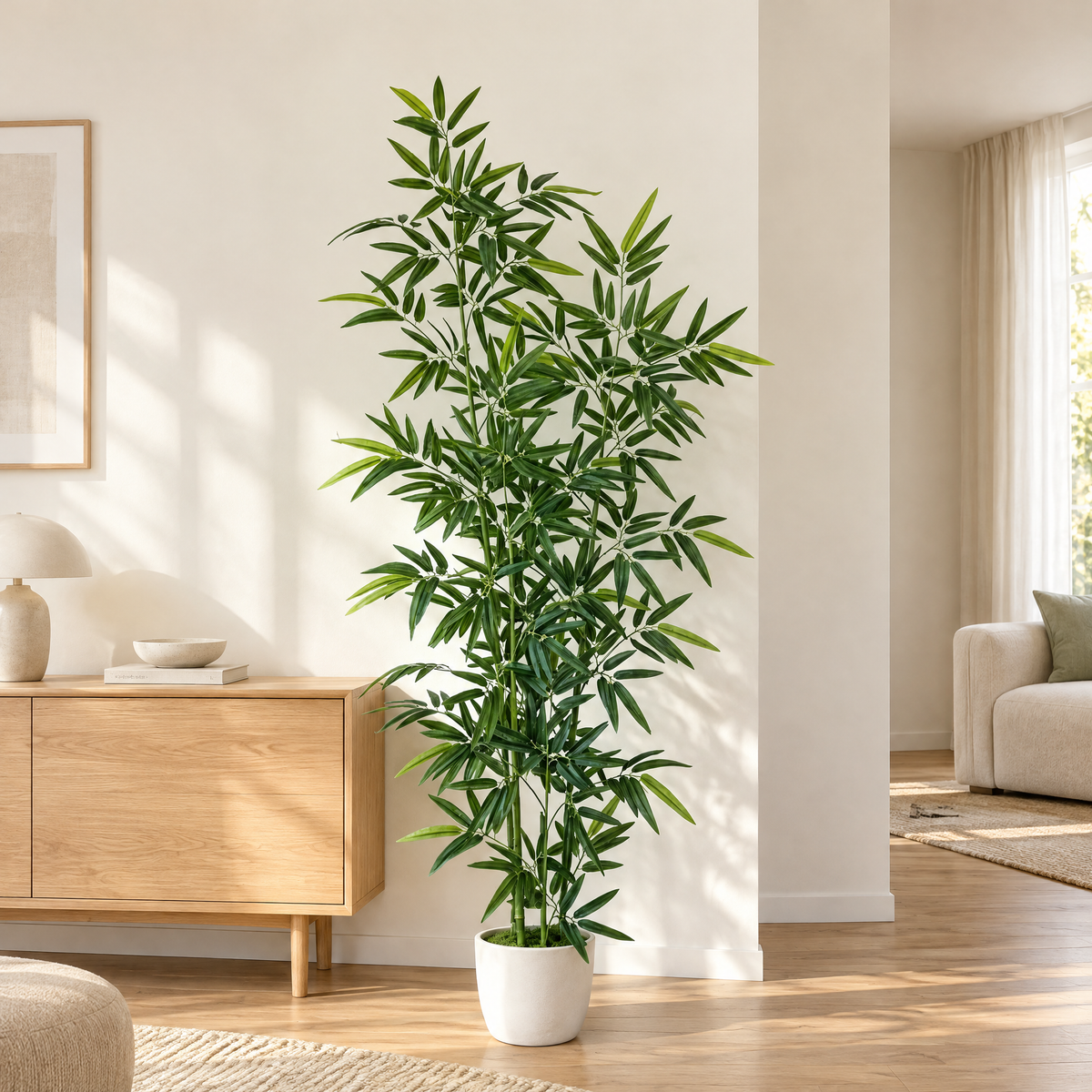 Artificial Bamboo Soňa in a white pot in a bright living room