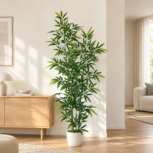Artificial Bamboo Soňa in a white pot in a bright living room