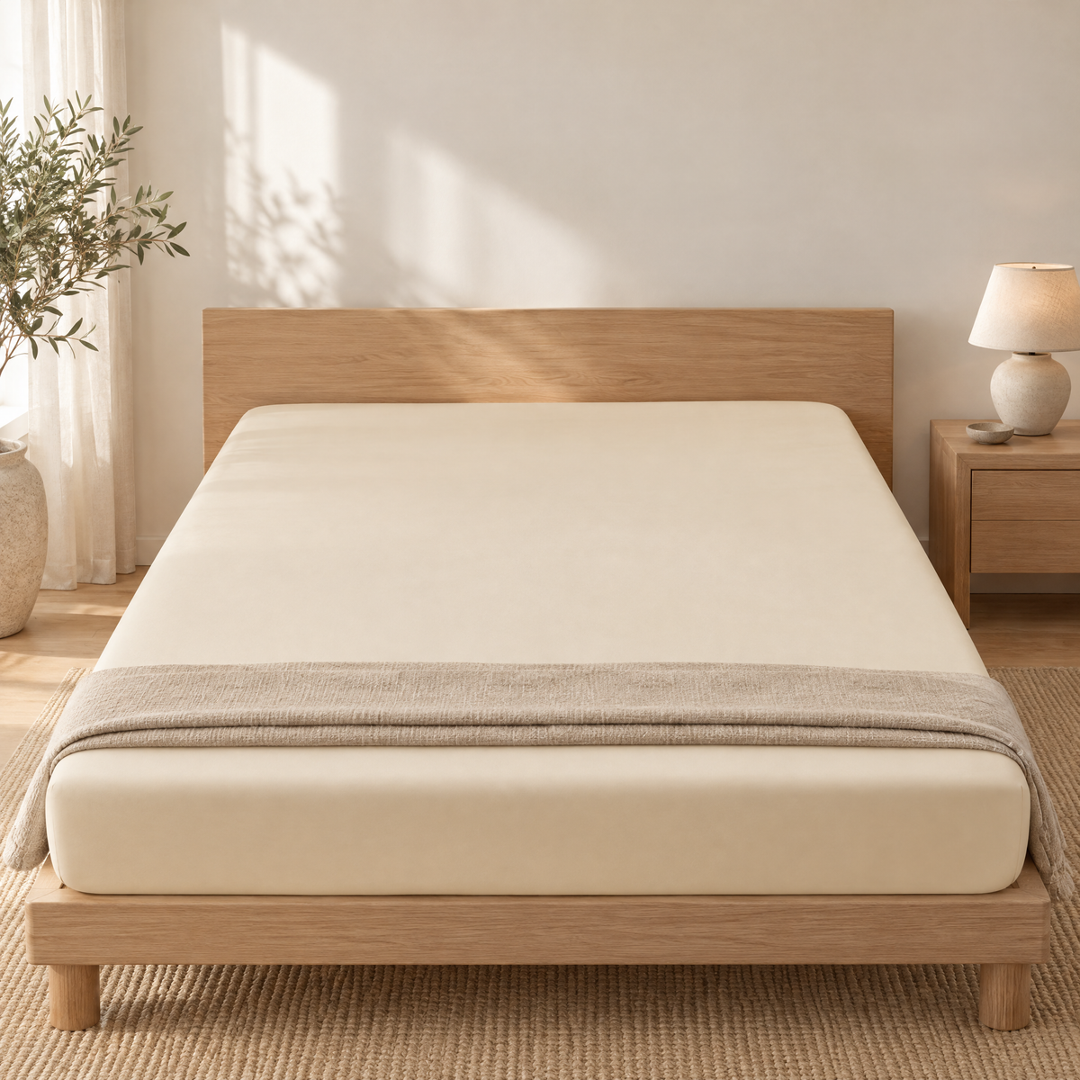 Fitted Sheet Aneta in cream on a bed in a calm bedroom