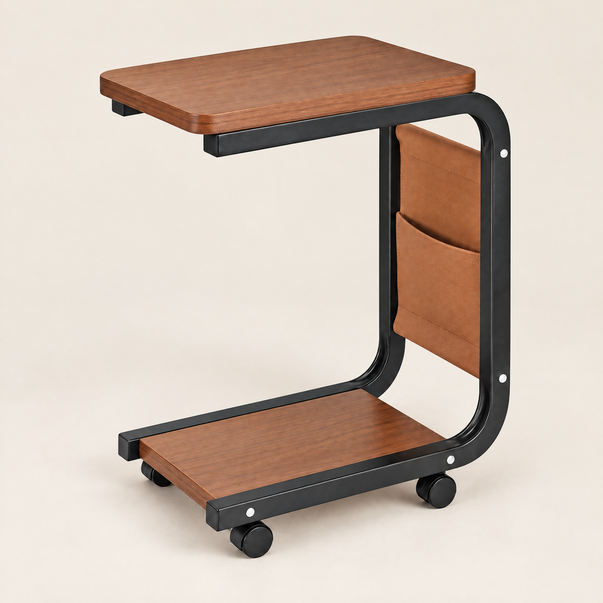 Side Table Igor – C-shaped side table with walnut-look top and black frame on a warm oat backdrop
