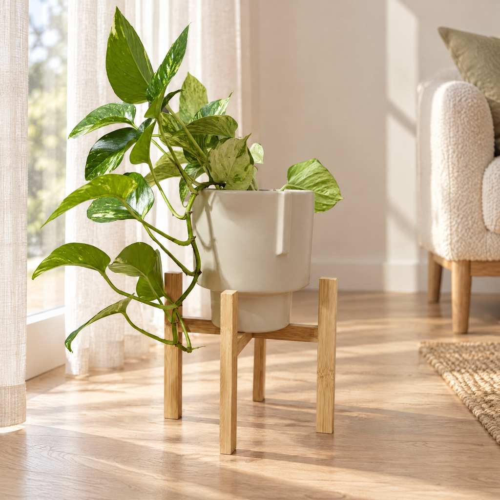 Plant Stand Zoltán – bamboo stand holding a potted plant by a bright window