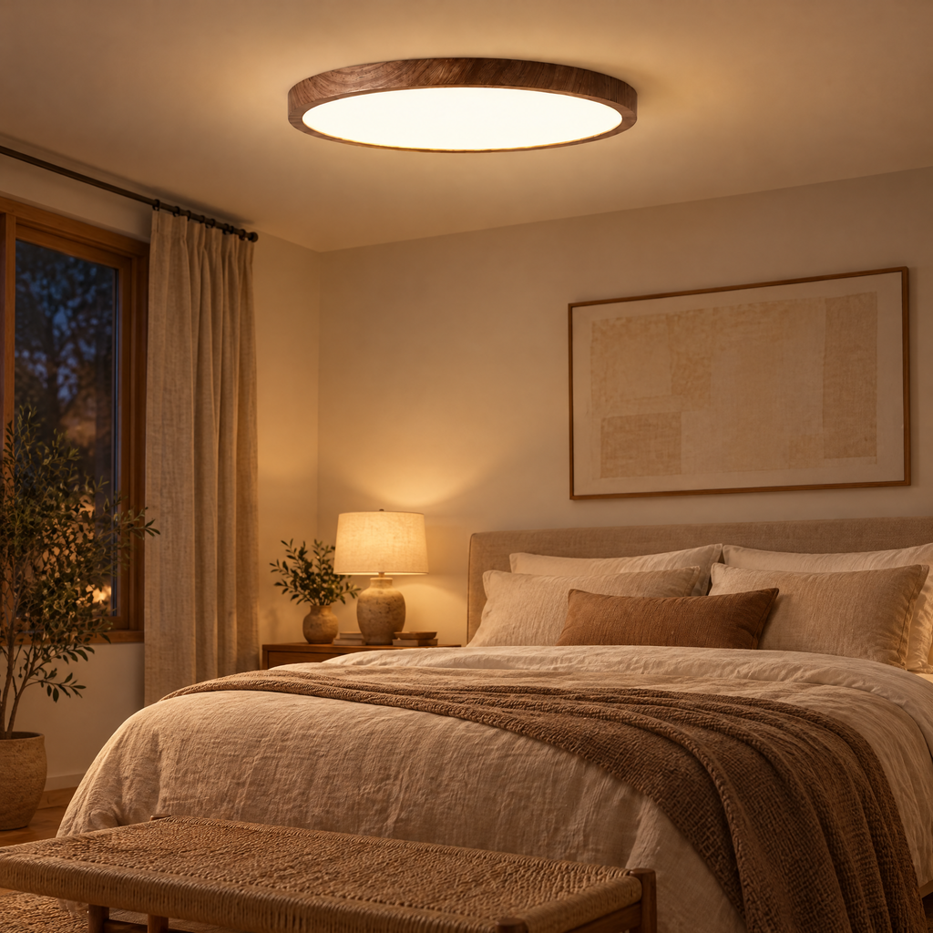 Ceiling Light Marián mounted flush above a bed, casting a warm even glow across a cozy bedroom