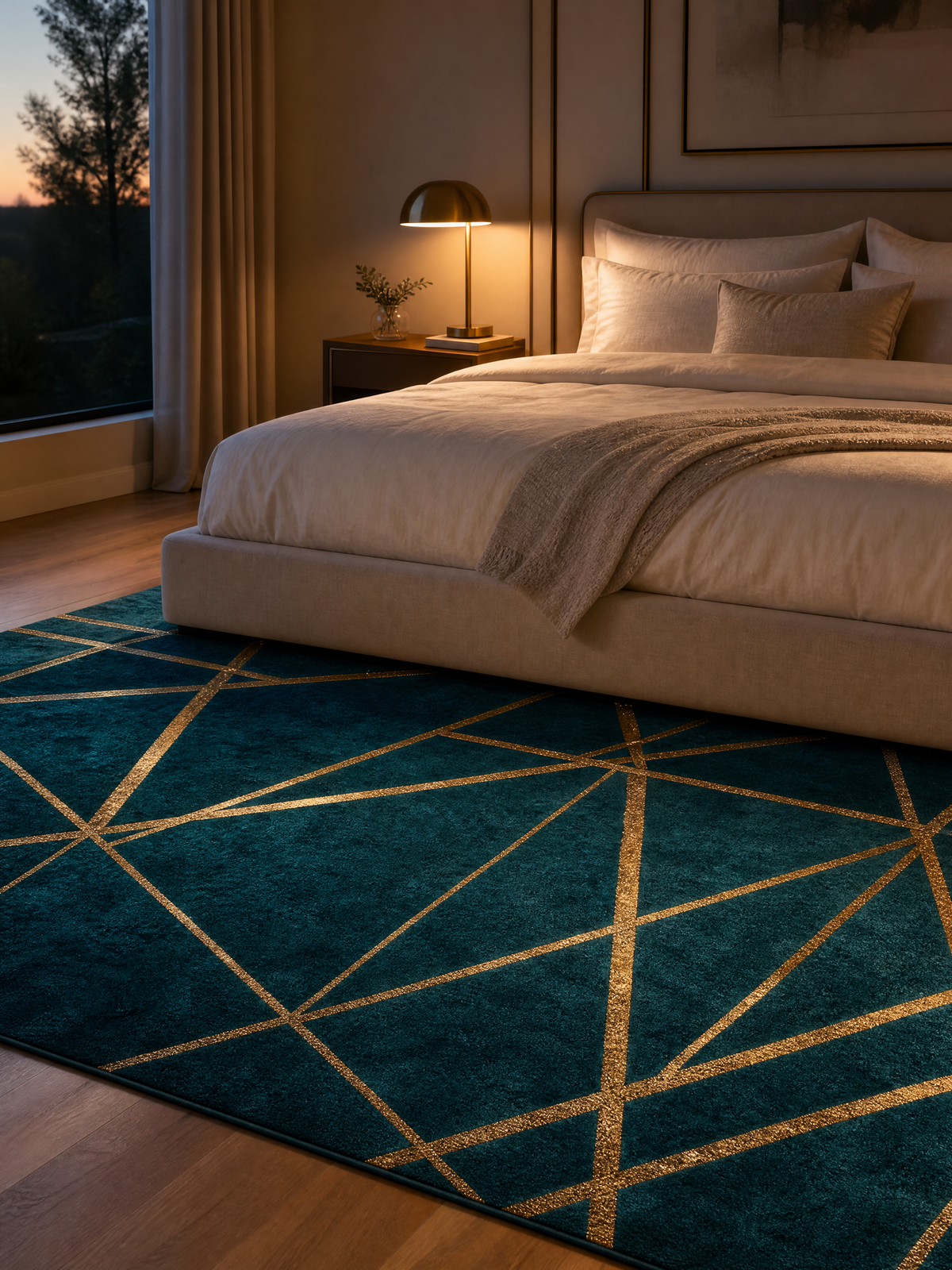 Rug Klára at the foot of the bed in a softly glamorous bedroom with warm ambient lighting