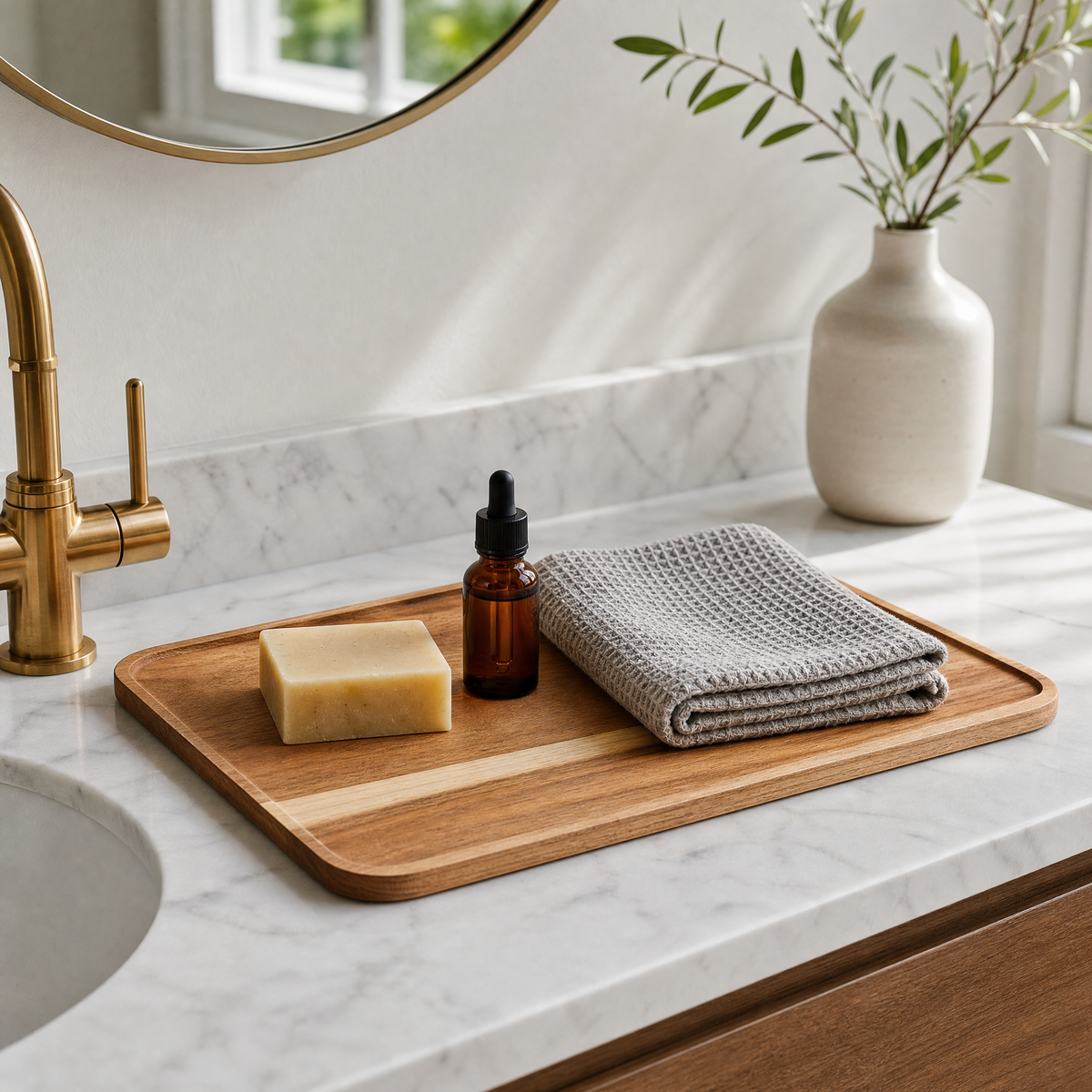 Wood Tray Daniela styled on a bathroom counter with soap, oil, and a folded towel