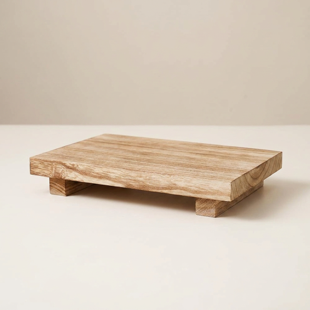 Pedestal Riser Katarína in Light Carbonized, footed wooden riser on a neutral background