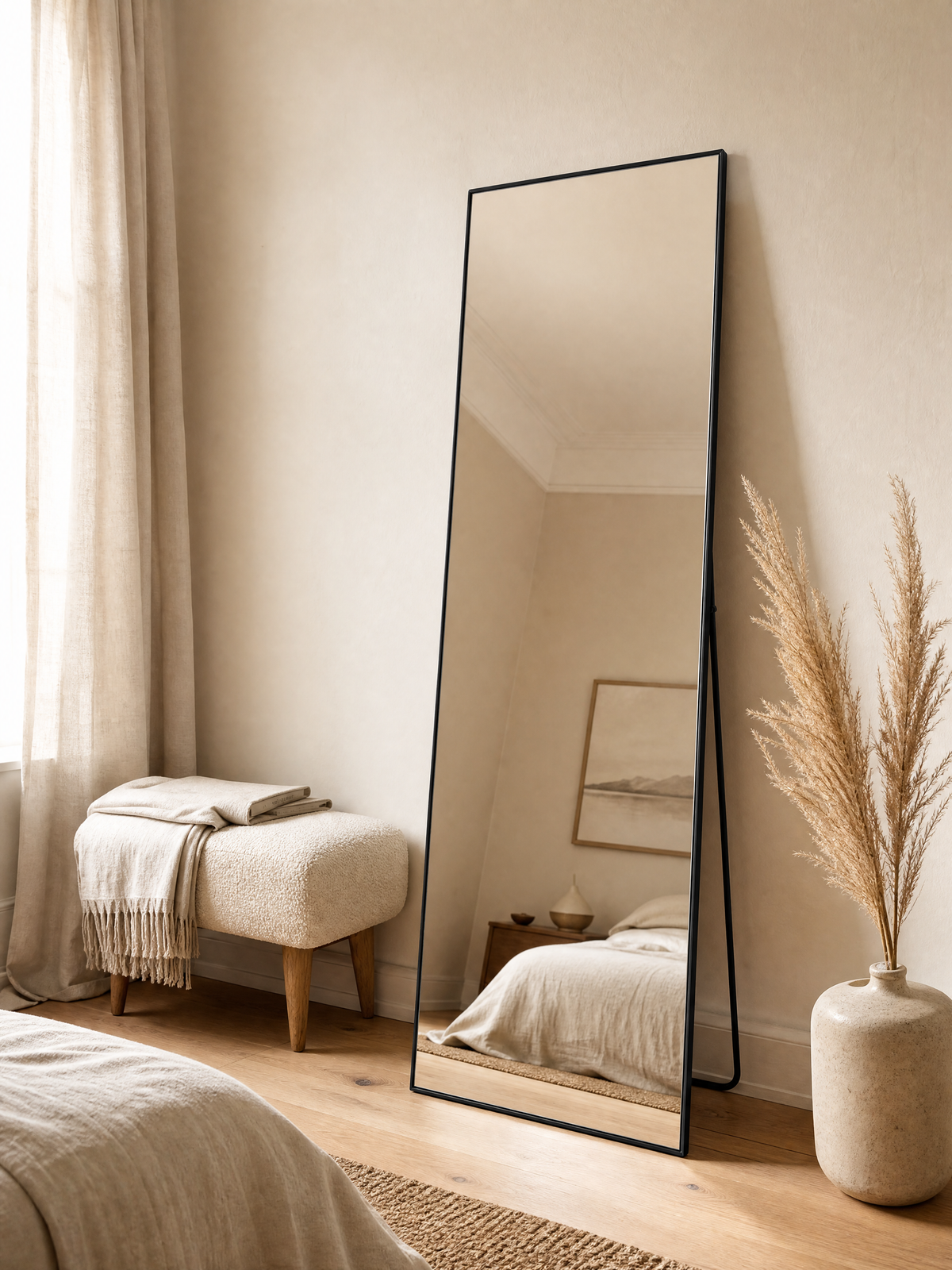 Mirror Peter leaning against a warm bedroom wall beside a bouclé bench and pampas grass