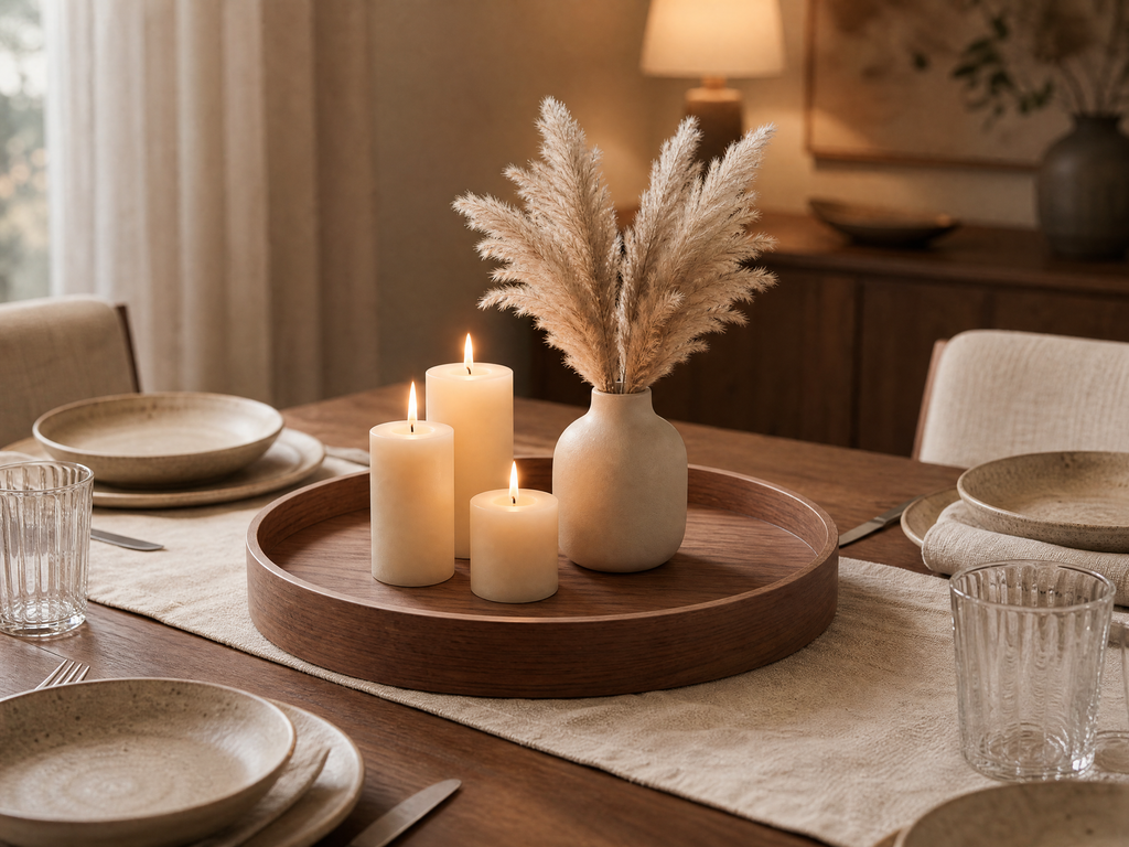 Round Tray Dávid as a dining table centerpiece with pillar candles