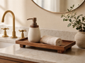 Bathroom Tray Žofia on a marble vanity with a soap dispenser and linen hand towel