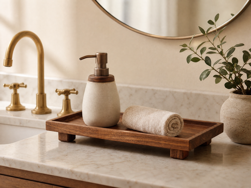Bathroom Tray Žofia on a marble vanity with a soap dispenser and linen hand towel