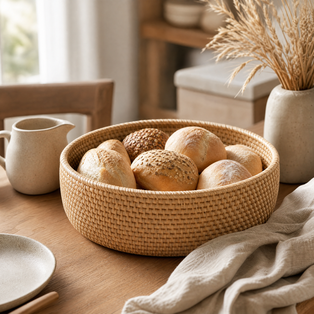 Wicker Basket Bruno filled with fresh bread rolls on a wood dining table