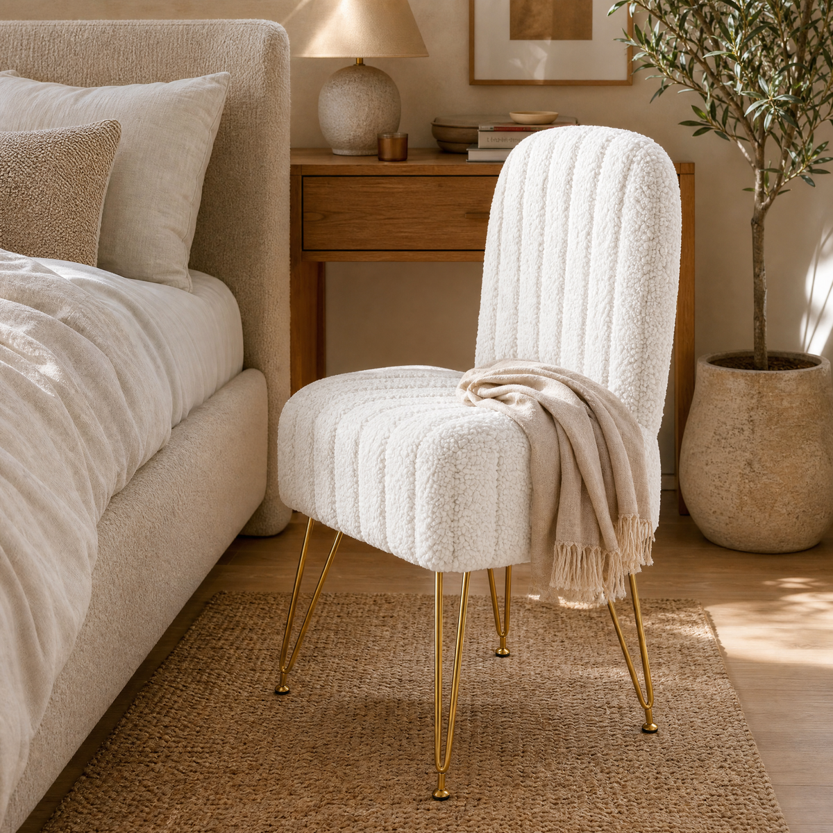 Vanity Stool Petra styled beside the bed with a linen throw draped over the seat