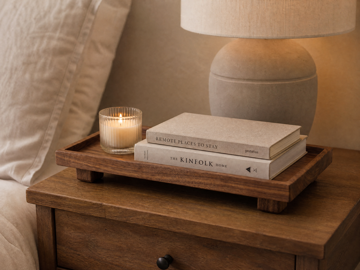 Bathroom Tray Žofia on a nightstand with a lit candle and stacked books