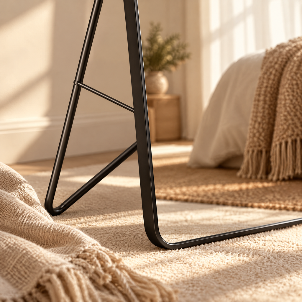 Close-up of Mirror Sára's slim arched frame corner and freestanding kickstand leg