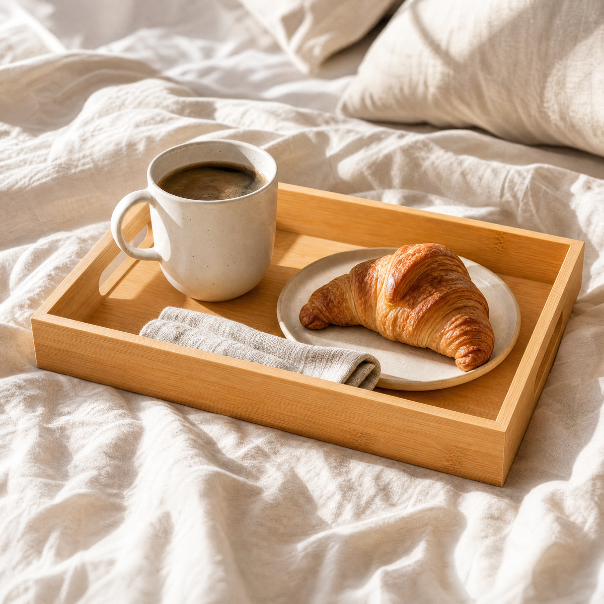 Serving Tray Tamara bamboo tray with a breakfast-in-bed setup, coffee and croissant