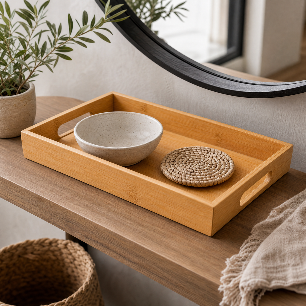 Serving Tray Tamara styled on an entryway console table with a ceramic bowl and woven coaster