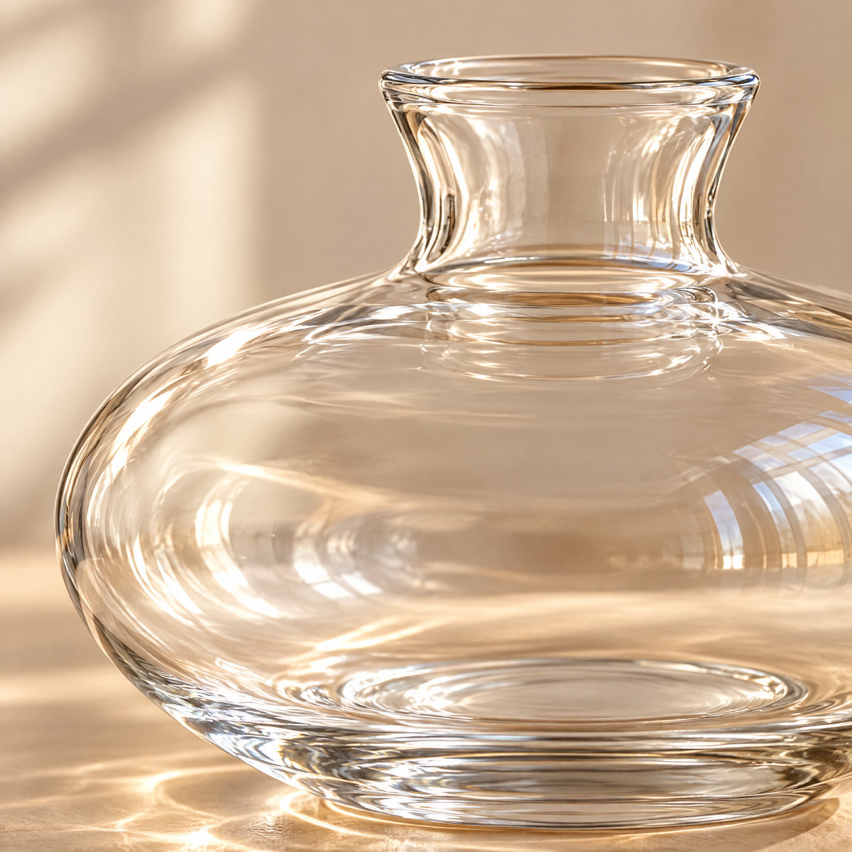 Close-up of Vase Karina's smooth mouth-blown glass neck and rounded body catching warm light
