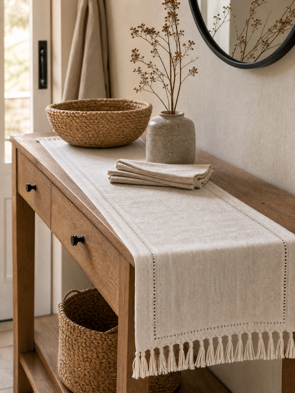 Table Runner Timotej draped over a wooden console table in a warm Scandinavian entryway