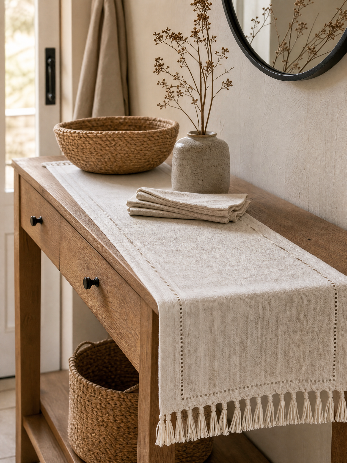 Table Runner Timotej draped over a wooden console table in a warm Scandinavian entryway