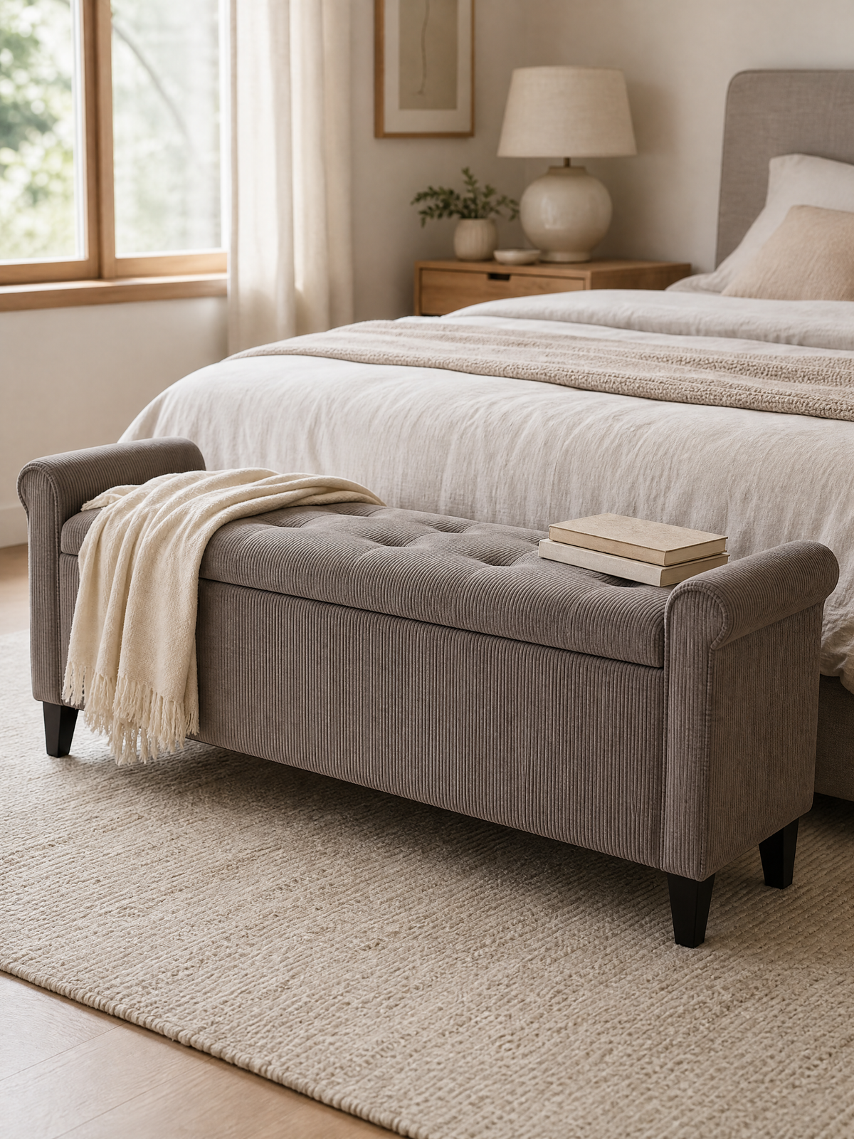 Storage Bench Renáta gray corduroy upholstered storage bench with rolled arms in a bedroom
