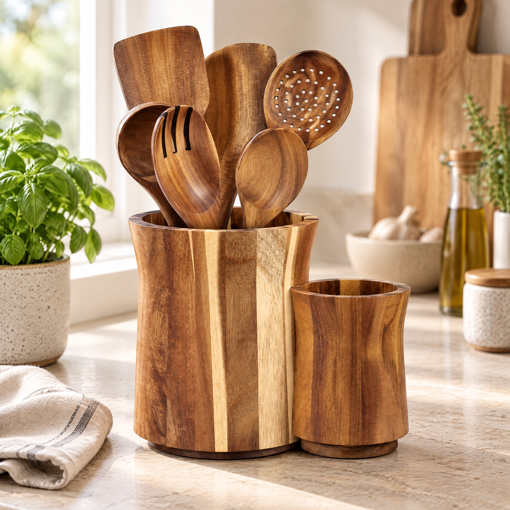 Utensil Holder Samuel — rotating acacia wood caddy on a kitchen counter