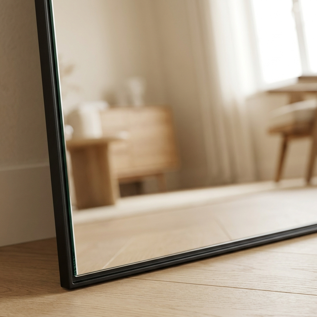 Close-up of Mirror Peter's thin black aluminium frame and tempered glass edge