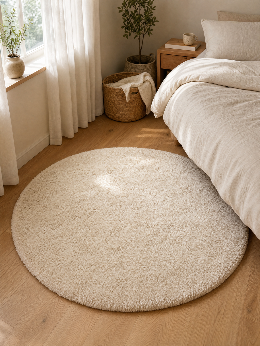 Round Rug Natália in cream/ivory flannel pile styled beside a bed in a warm bedroom corner
