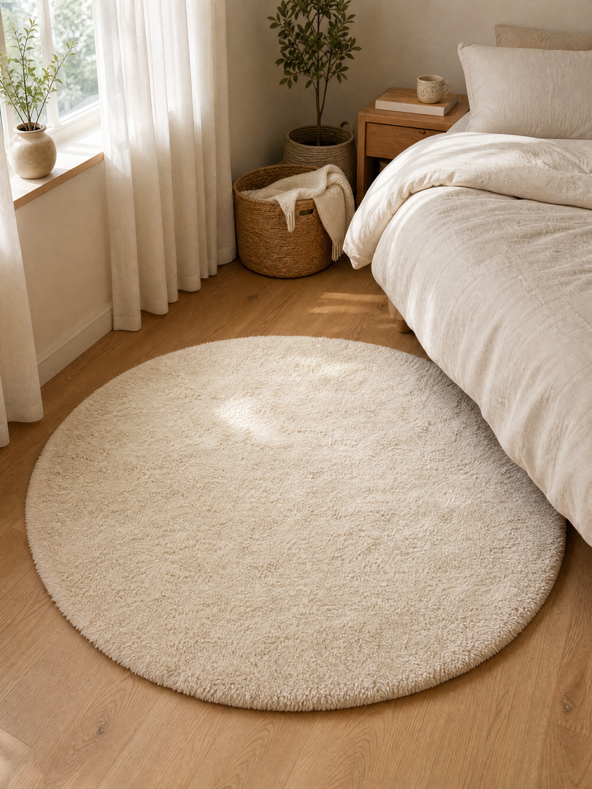 Round Rug Natália in cream/ivory flannel pile styled beside a bed in a warm bedroom corner