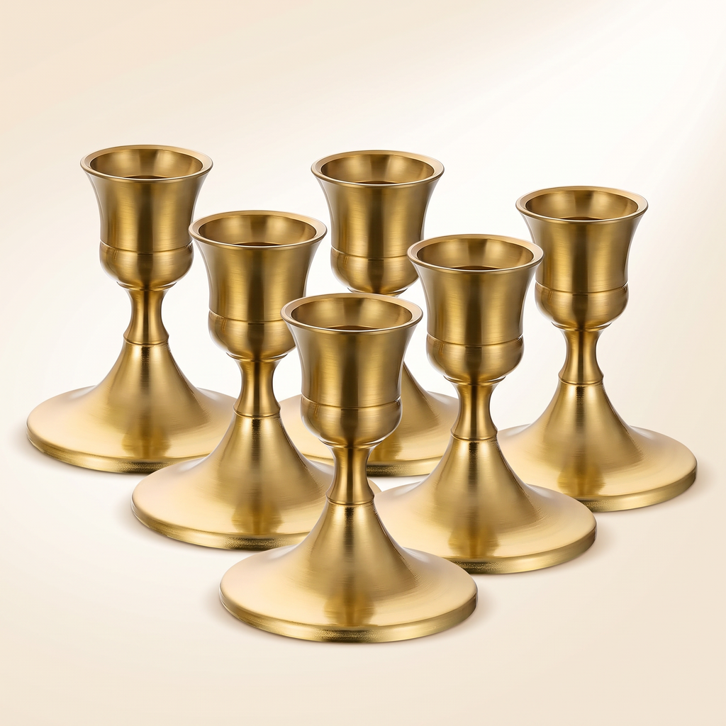 Group of six brass gold taper candlestick holders arranged together