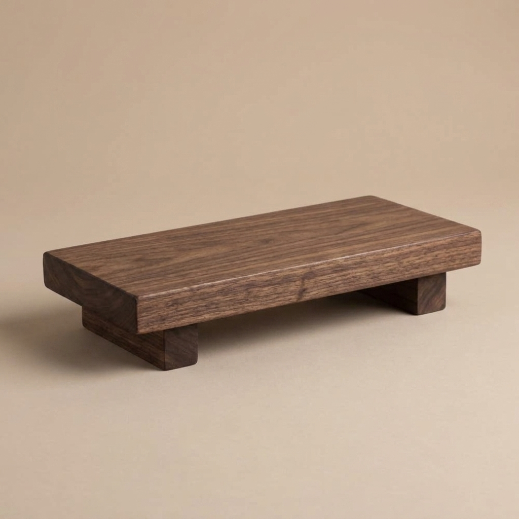 Pedestal Riser Katarína in Dark Walnut, footed wooden riser on a neutral background