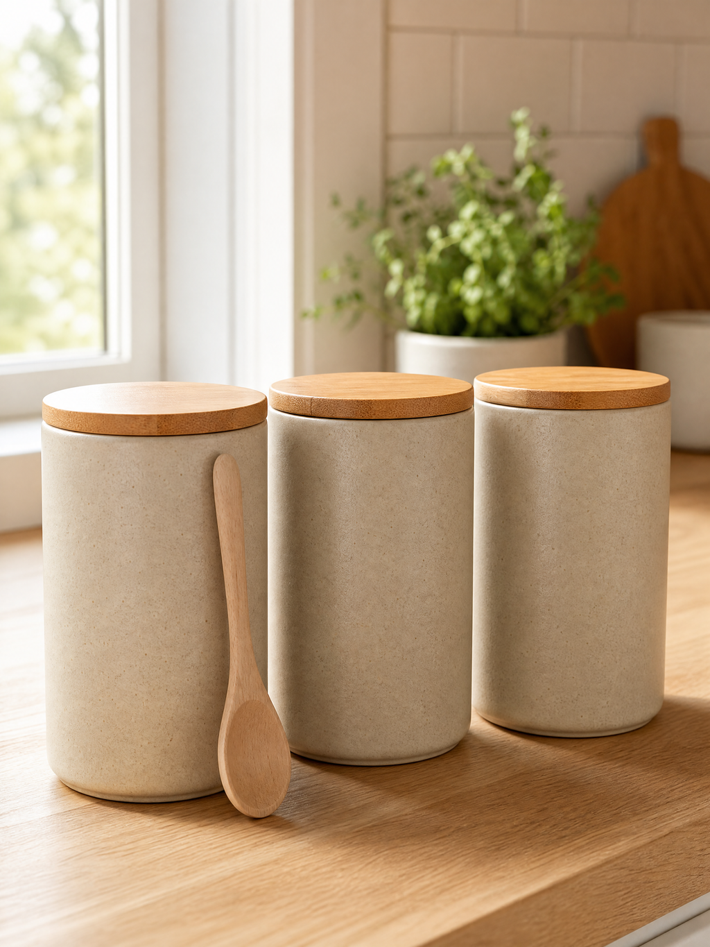Storage Jars Vojtech, set of three matte stoneware canisters with bamboo lids on a kitchen counter