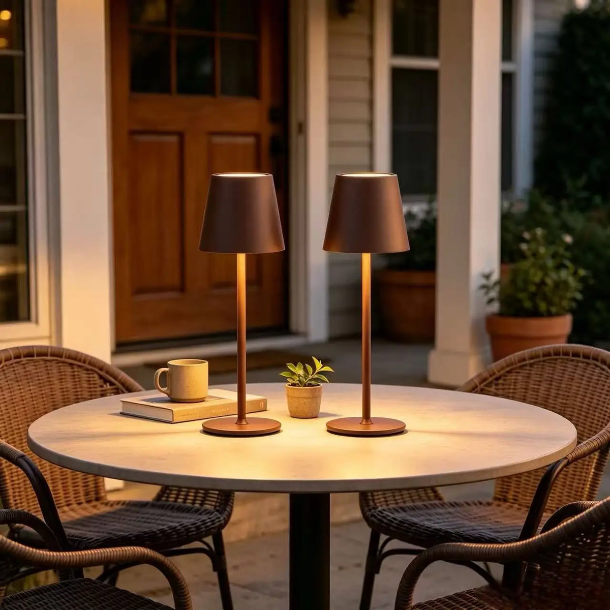 Cordless Lamps Leopold – Chocolate lamps on a patio table
