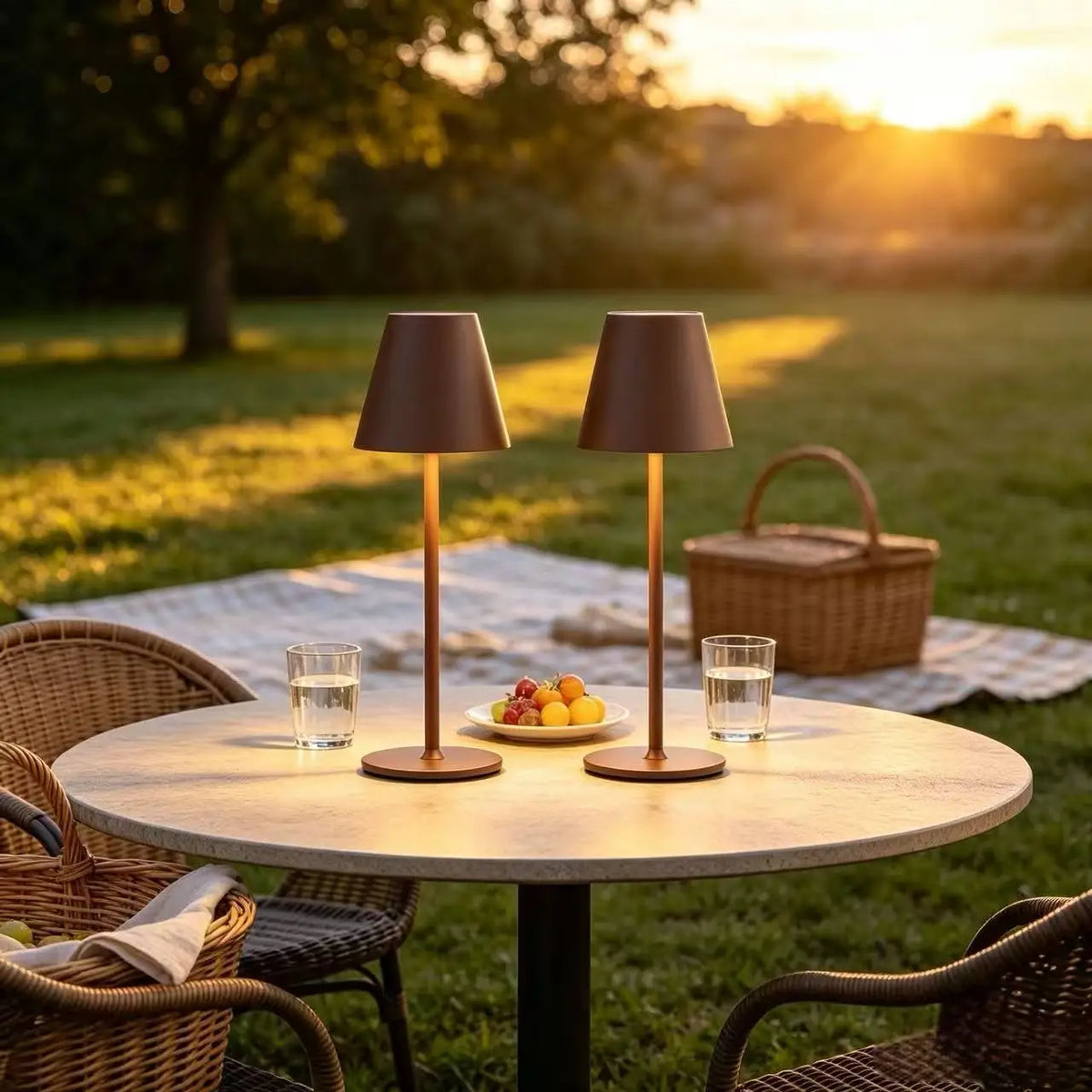 Cordless Lamps Leopold – Chocolate lamps on a garden table at sunset