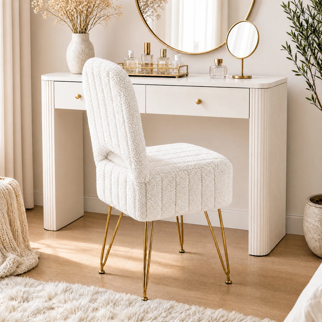 Vanity Stool Petra styled at a white vanity desk with mirror