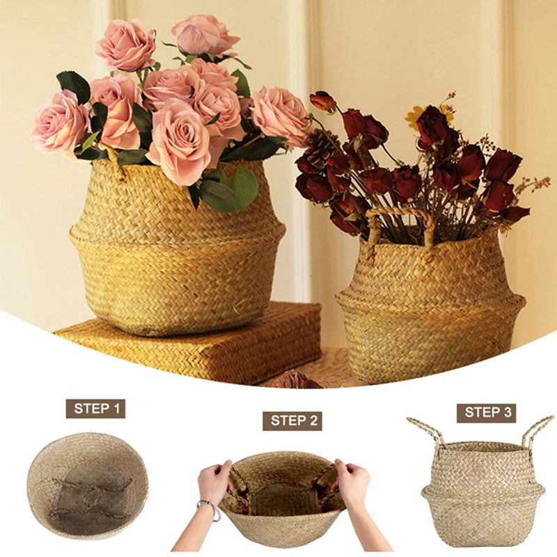 Seagrass basket Eugénia holding roses, with folding steps shown